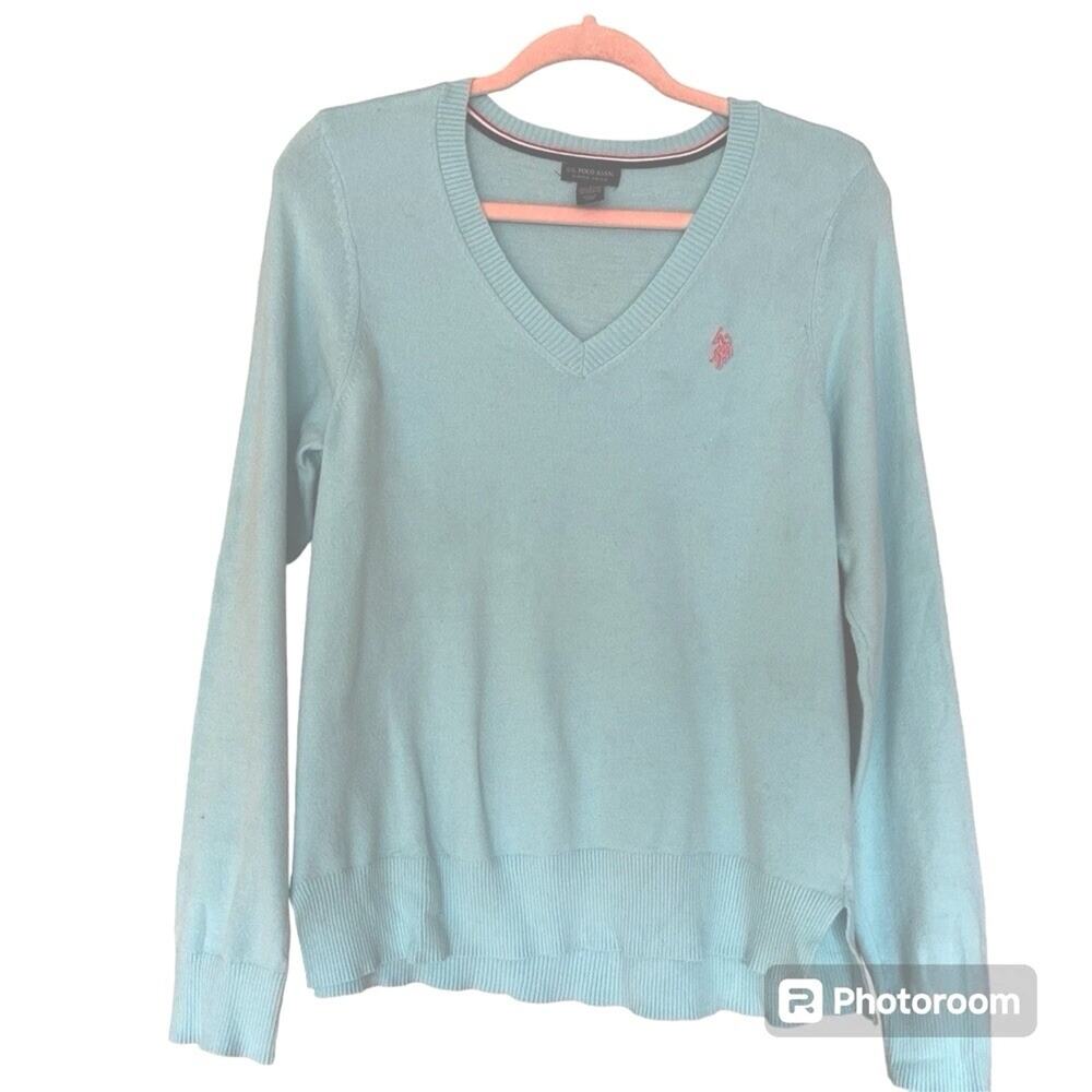 U.S. Polo Assn. Aqua V-neck Sweater Pink Emblem Sz L Preppy Coastal Light Weight